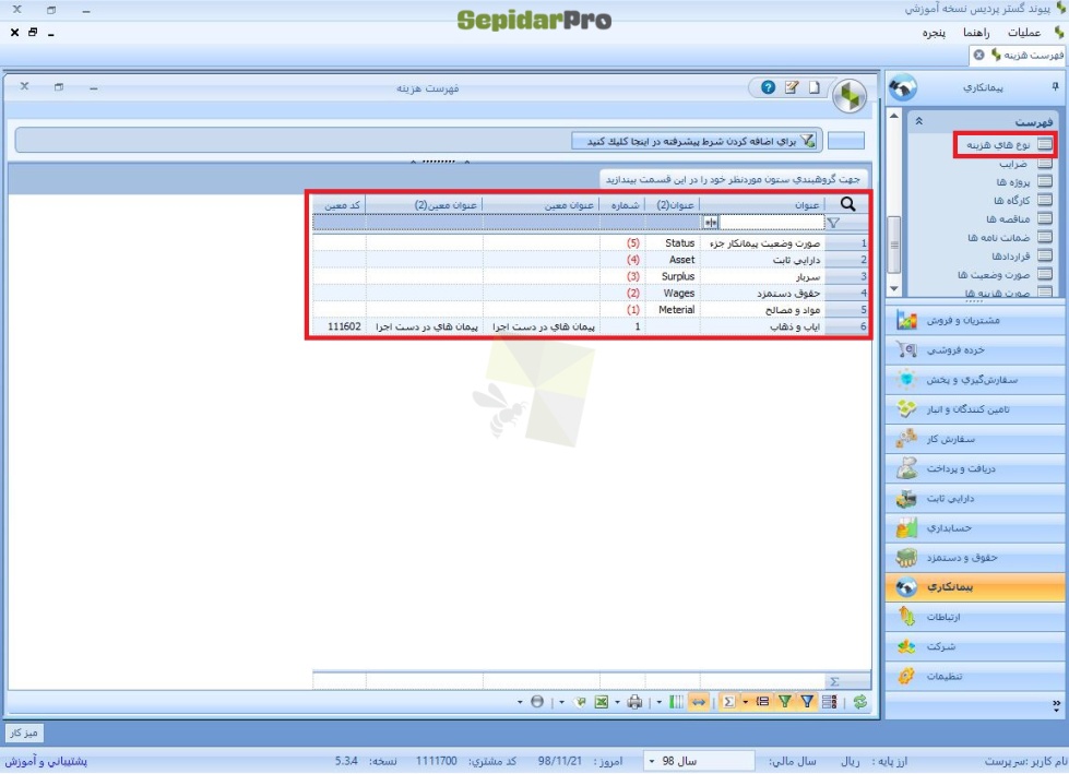 نوع هزینه در سپیدار